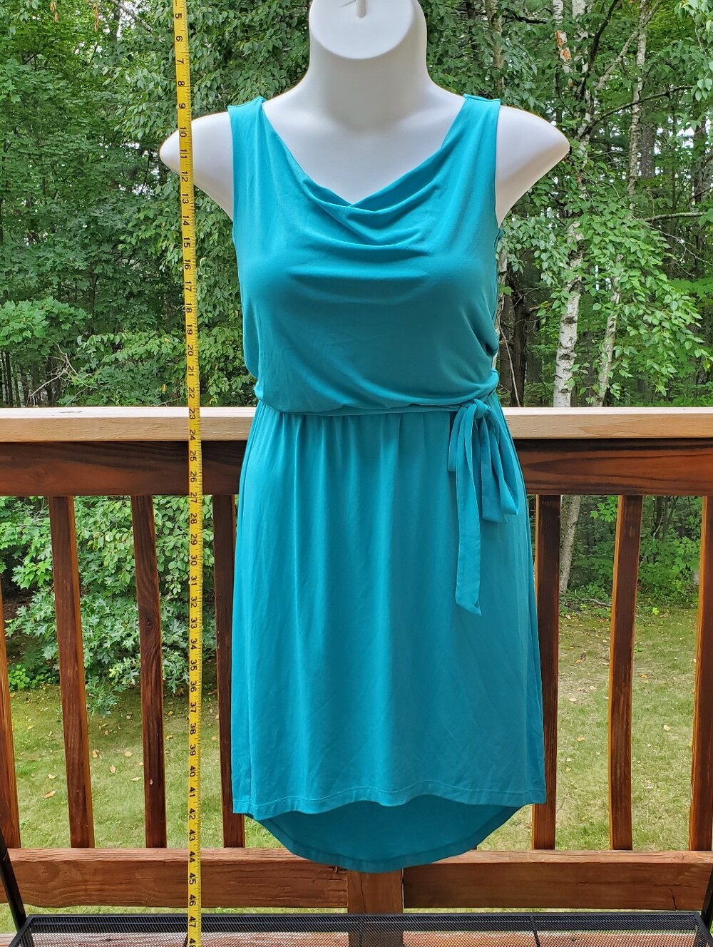 Kenar Teal Sleeveless Cowl Neck Tie-Waist High-Low Dress